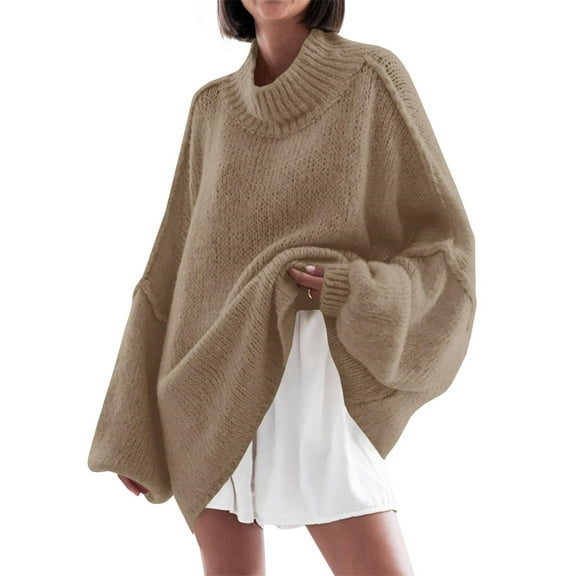 Autumn Winter Women's Long Sleeved Elegant High Neck Round Neck Bat Oversized Sweater Autumn Ribbed Knit Casual Jacket Tops