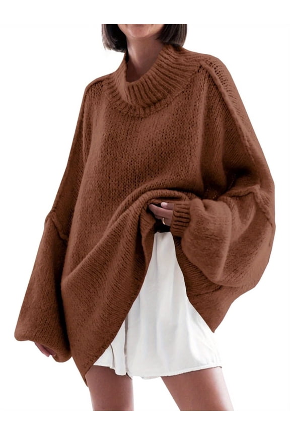 Autumn Winter Women's Long Sleeved Elegant High Neck Round Neck Bat Oversized Sweater Autumn Ribbed Knit Casual Jacket Tops
