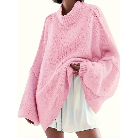 Autumn Winter Women's Long Sleeved Elegant High Neck Round Neck Bat Oversized Sweater Autumn Ribbed Knit Casual Jacket Tops
