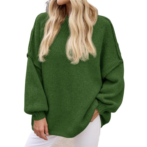 Autumn Winter Women's Long Sleeved Elegant High Neck Round Neck Bat Oversized Sweater Autumn Ribbed Knit Casual Jacket Tops
