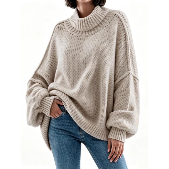 Autumn Winter Women's Long Sleeved Elegant High Neck Round Neck Bat Oversized Sweater Autumn Ribbed Knit Casual Jacket Tops