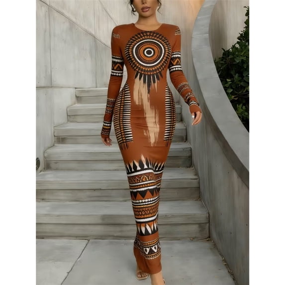 Autumn Winter Women's Printed Bodycon Maxi Dress, Long Sleeve Round Neck Slim‑Fit Fashion Dress for Evening Party, Club, Dating & Daily Wear