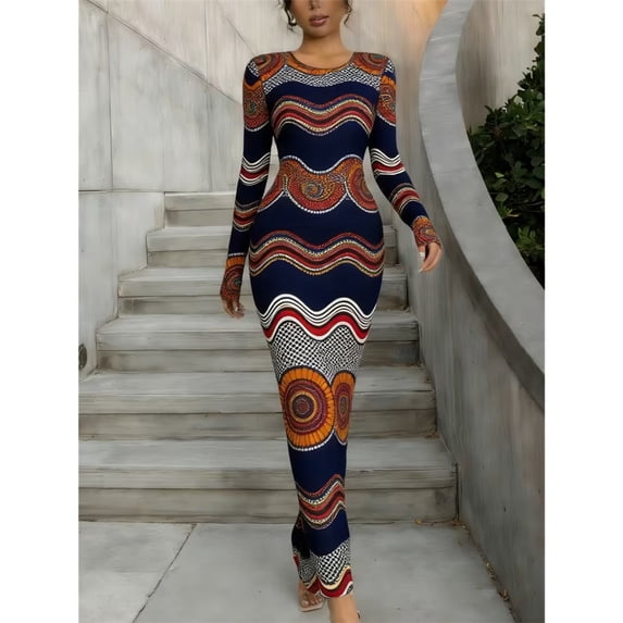 Autumn Winter Women's Printed Bodycon Maxi Dress, Long Sleeve Round Neck Slim‑Fit Fashion Dress for Evening Party, Club, Dating & Daily Wear