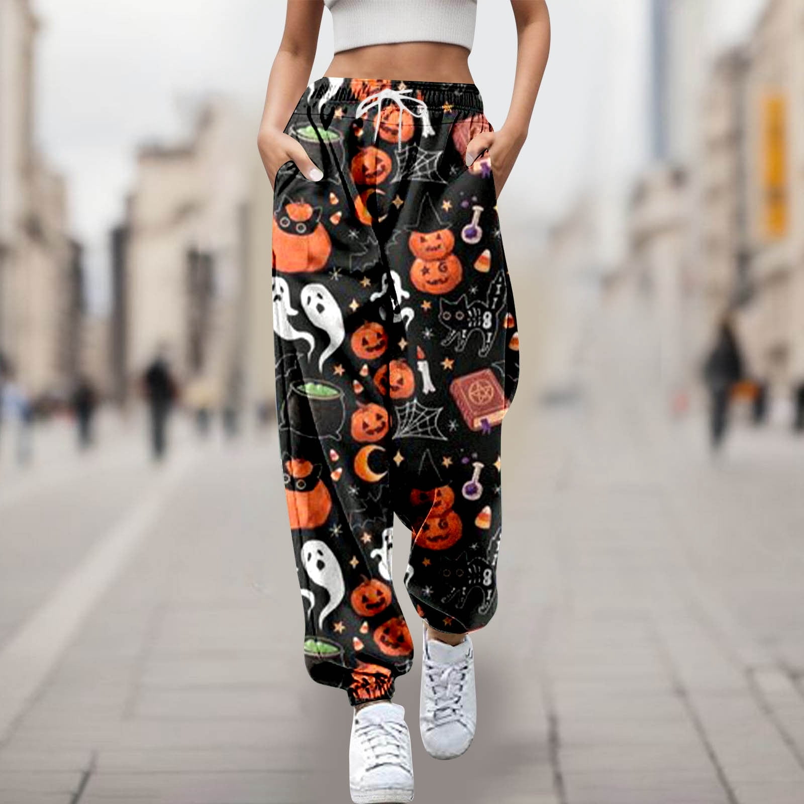 Autumn Winter Women s Skeleton Print Sweatpants Halloween High Waist Stretch Drawstring Jogger Pants Orange L Walmart