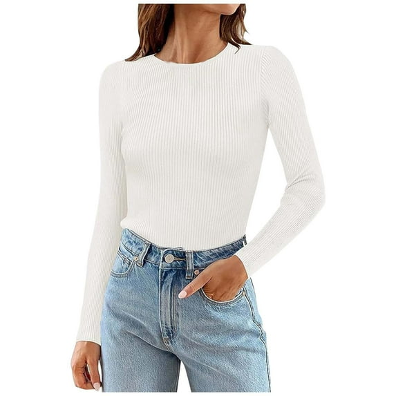 Autumn And Winter Women's Solid Color Long Sleeved Round Neck Shirt Ribbed Knitted Slim Casual Sweater Dark Tee Short T Shirt T Pack Plain Long Sleeve Shirt Women Shirts for Women Long Sleeve Hiking