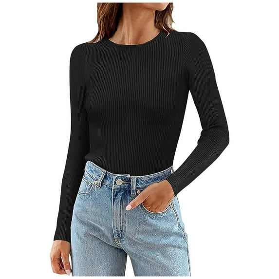 Autumn And Winter Women's Solid Color Long Sleeved Round Neck Shirt Ribbed Knitted Slim Casual Sweater Dark Tee Short T Shirt T Pack Plain Long Sleeve Shirt Women Shirts for Women Long Sleeve Hiking