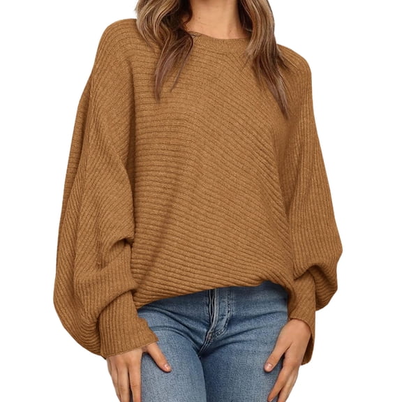 Autumn Winter Women's Solid Color Oversized Round Neck Bat Sleeve Loose Sweater Casual Top