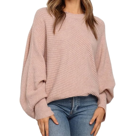 Autumn Winter Women's Solid Color Oversized Round Neck Bat Sleeve Loose Sweater Casual Top