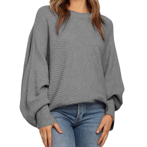 Autumn Winter Women's Solid Color Oversized Round Neck Bat Sleeve Loose Sweater Casual Top