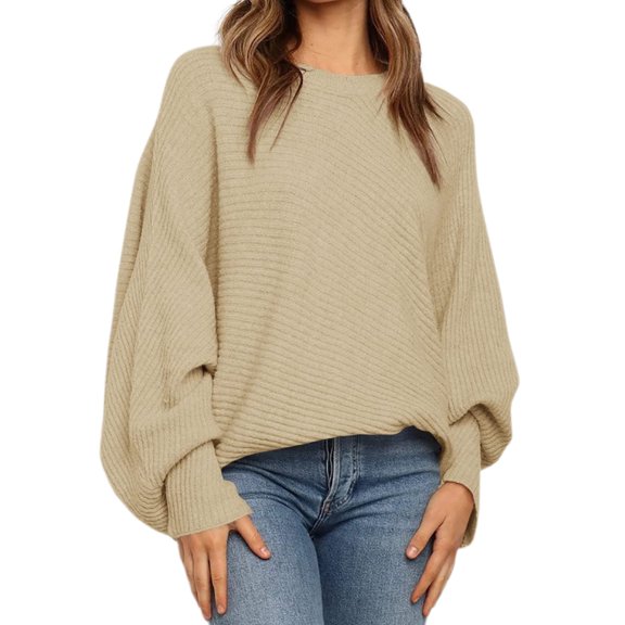 Autumn Winter Women's Solid Color Oversized Round Neck Bat Sleeve Loose Sweater Casual Top