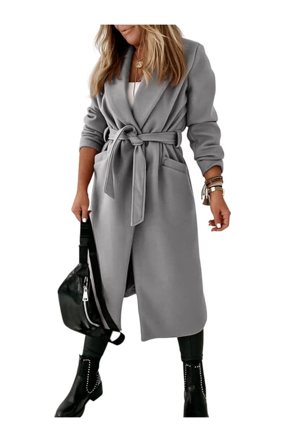 Autumn Winter Womens Classic Coat Lapel Collar Open Front Belted Long Jacket