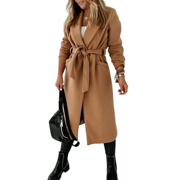 Autumn Winter Womens Classic Coat Lapel Collar Open Front Belted Long Jacket