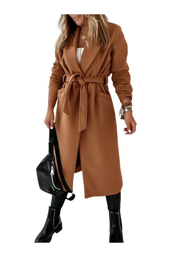Autumn Winter Womens Classic Coat Lapel Collar Open Front Belted Long Jacket