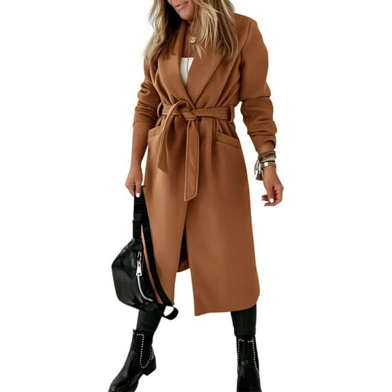 Autumn Winter Womens Classic Coat Lapel Collar Open Front Belted Long Jacket