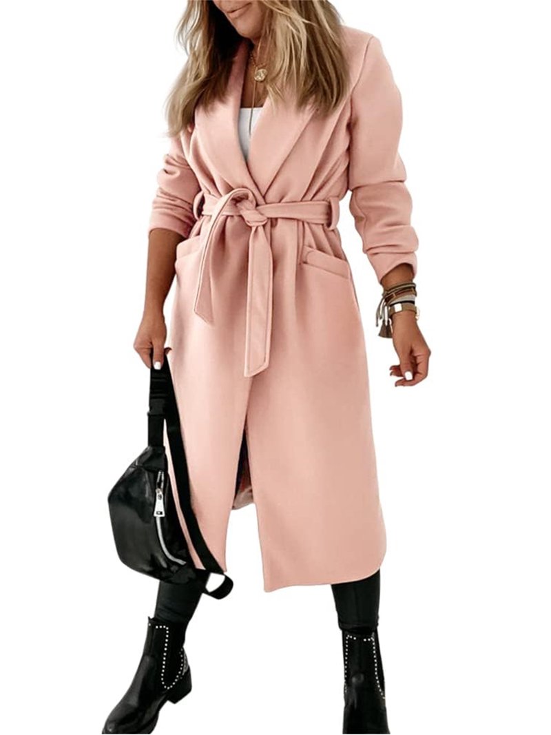 Autumn Winter Womens Classic Coat Lapel Collar Open Front Belted