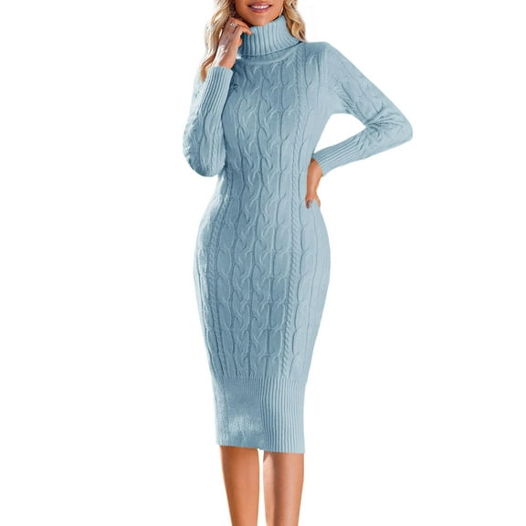 Autumn Winter Womens Long Sleeve Turtleneck Sweater Dresses Knitted Bodycon Midi Sheath Jumper Dresses