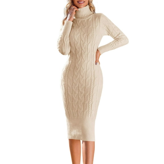 Autumn Winter Womens Long Sleeve Turtleneck Sweater Dresses Knitted Bodycon Midi Sheath Jumper Dresses