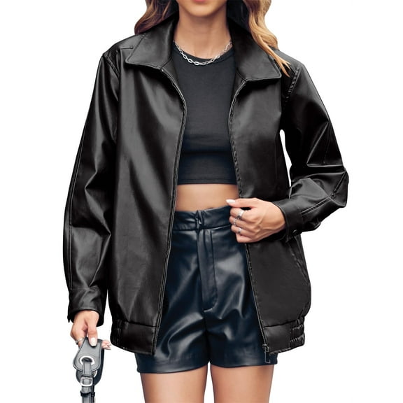 Autumn Winter Womens Zipper Leather Jackets Faux Casual Motorcycle Jacket with Pockets