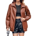thumbnail image 1 of Autumn Winter Womens Zipper Leather Jackets Faux Casual Motorcycle Jacket with Pockets, 1 of 4