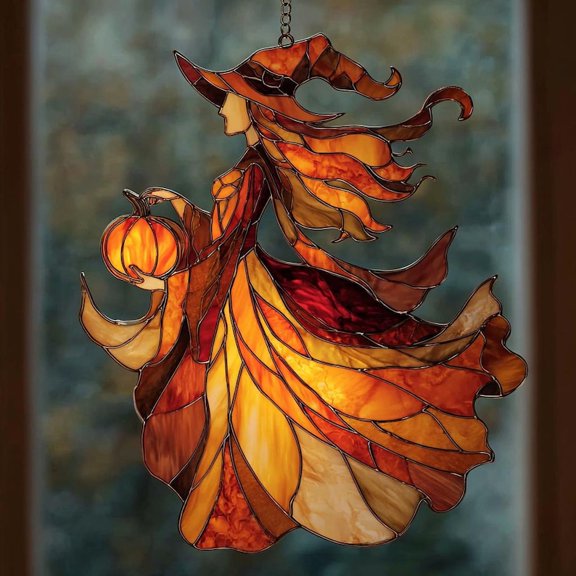 Autumn Witch Acrylic Suncatcher Window Hanging, Faux Stained Glass Halloween Decor With Pumpkin And Flowing Cloak, Witch Halloween Gifts.