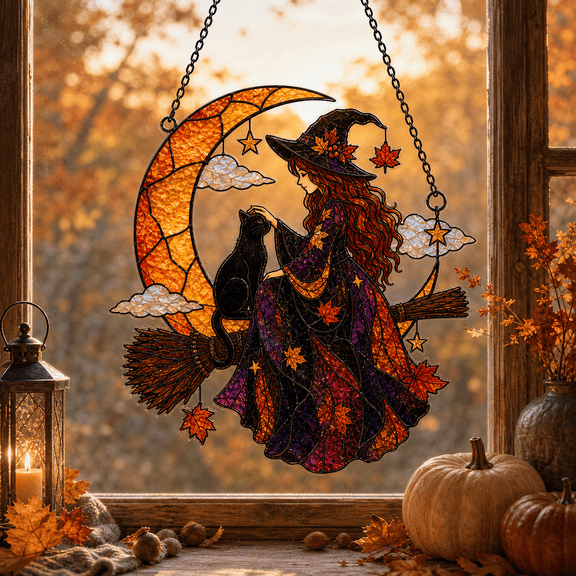 Autumn Witch Black Cat Acrylic Suncatcher Window Hanging for Halloween
