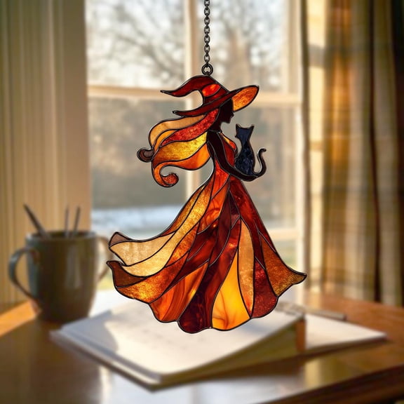 Autumn Witch Cat Acrylic Suncatcher Window Hanging - Acrylic Suncatcher Halloween Decor With Pumpkin And Flowing Cloak For Seasonal Home