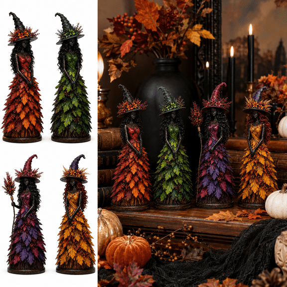 Autumn Witch Figurine Halloween Decor, Resin Witch Statue Tabletop Decoration, Forest Spell Green Witch Figure with Botanical Dress for Mantel Fireplace Shelf Tiered Tray