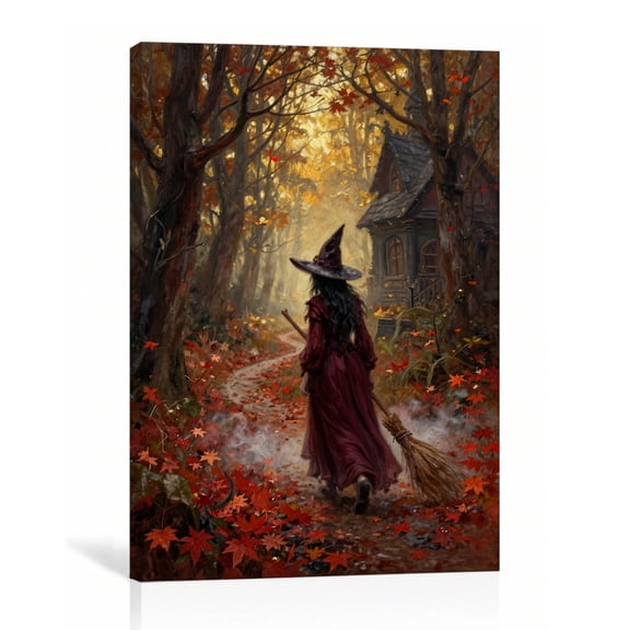 Autumn Witch Forest Wall Art Halloween Canvas Print Gothic Cottage Witch Decor Gallery Wrapped Canvas Living Room 8"L x 12"W