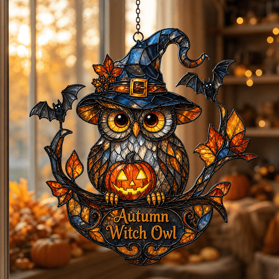 Autumn Witch Owl Acrylic Suncatcher Window Hanging Gift for Mom Halloween Fall