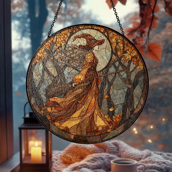 Autumn Witch Stained Glass Suncatcher, Halloween Witch Window Hanging Decor, Cozy Fall Home Decor, Witch Lovers Suncatcher, Gift for Her