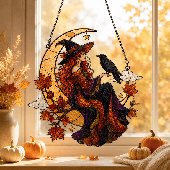 Autumn Witch and Raven Acrylic Suncatcher Window Hanging for Halloween Decor