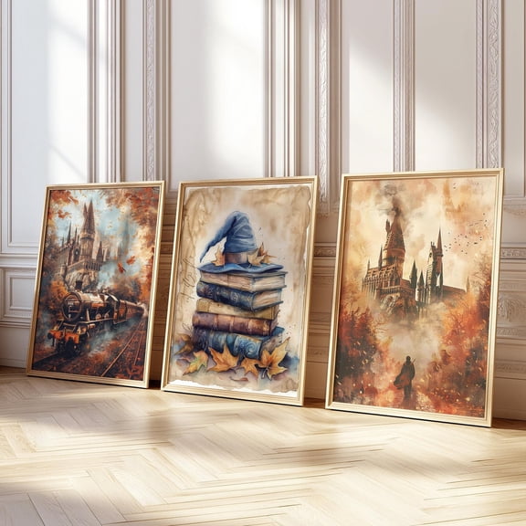 Autumn Wizard Posters Magic Castle Train Owl Wall Art Fantasy Room Decor Fall Nursery Print Set Wizard Art Wall Decor Set 3