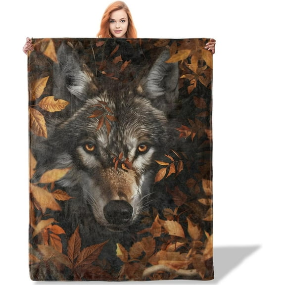 Autumn Wolf Throw Blanket 50x60, Wildlife Theme Blankets for Bedroom Decor, Soft Flannel Polyester Cozy Gifts for Adults