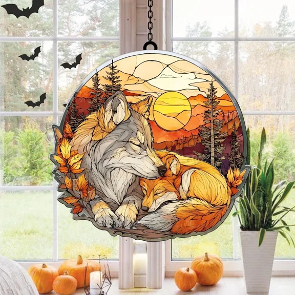 Autumn Wolf and Fox Suncatcher | Water Ripple Acrylic | Faux Stained Glass Fall Animal Decor | Forest Window Hanging