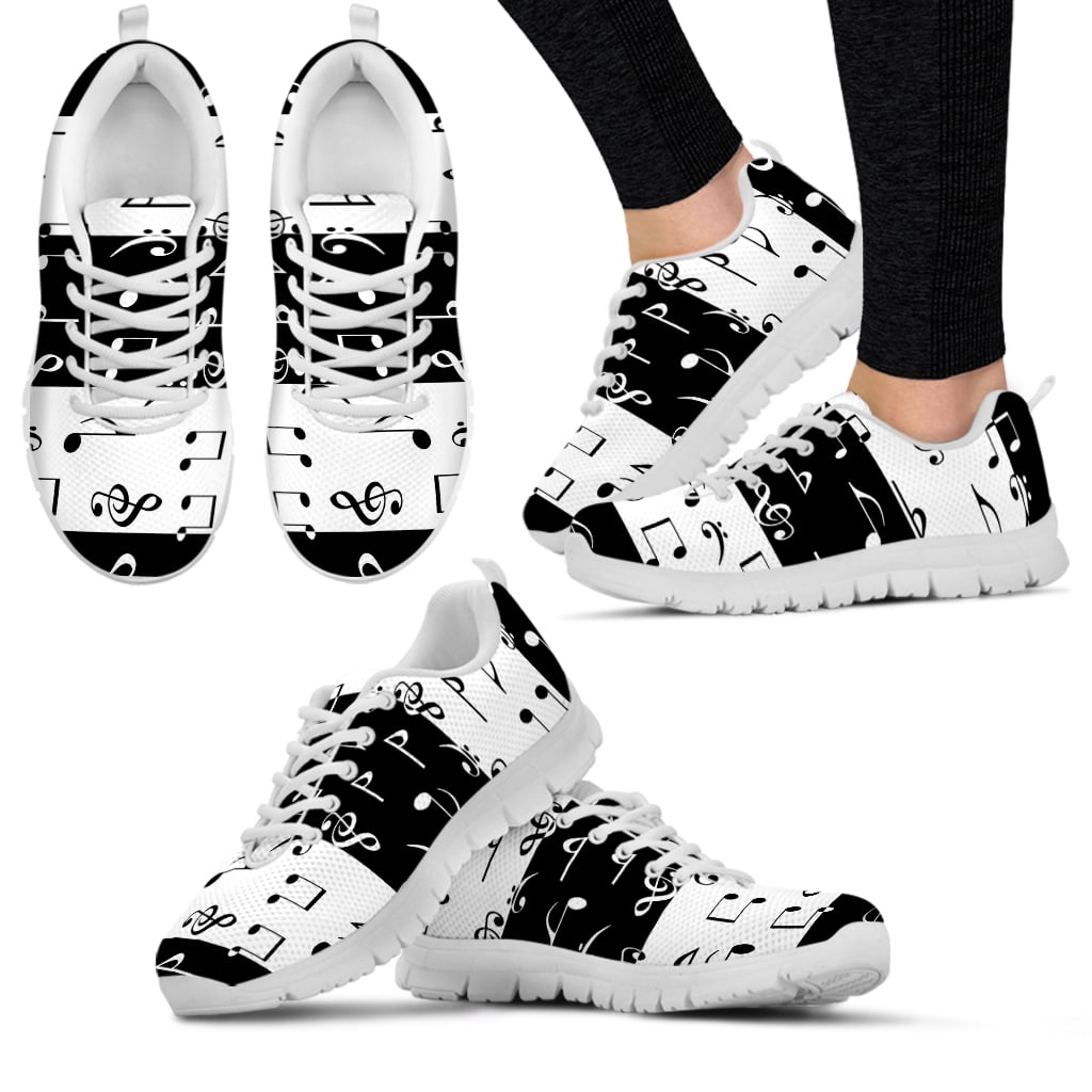 Music Note Print Pattern Black Sneaker Shoes For Men Women