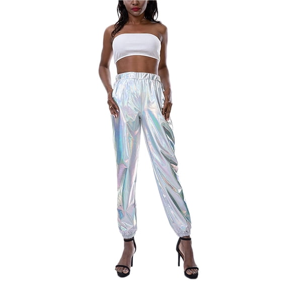 Autumn Women Metallic Shiny Jogger Pants Casual High Waist Holographic Color Cargo Pants Plus Size