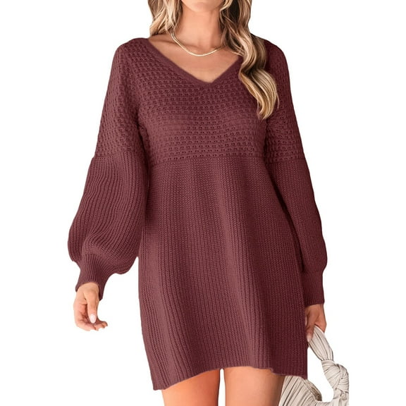 Autumn Women'S Dress Long Sleeve V-Neck Ribbed Knit High Waist Casual A-Line Mini Dress Brick Red S