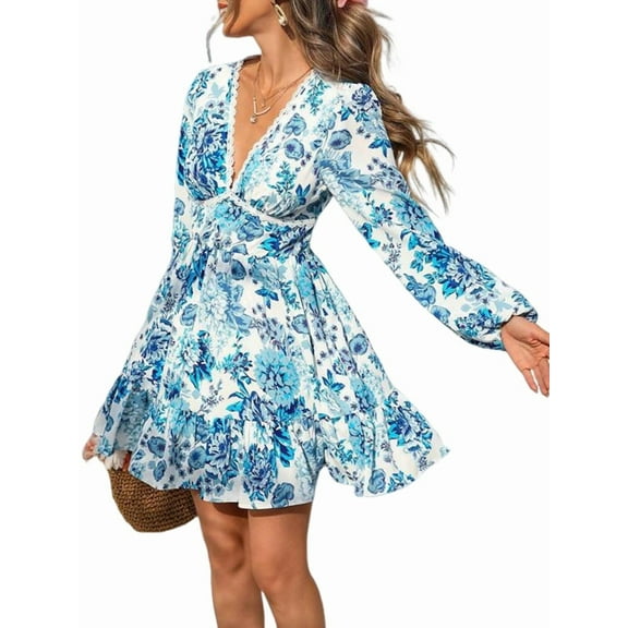 Autumn Women'S Dress V-Neck Long Sleeve Elastic Waist Bohemian Beach Resort Wear Floral Mini Summer Dress Blue L