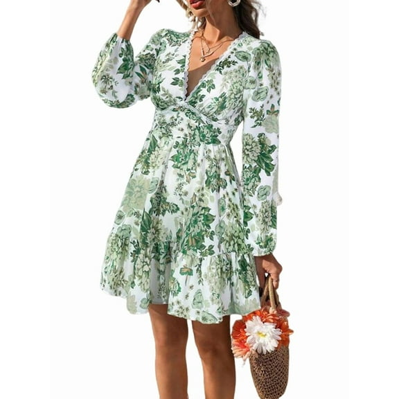 Autumn Women'S Dress V-Neck Long Sleeve Elastic Waist Bohemian Beach Resort Wear Floral Mini Summer Dress Green L