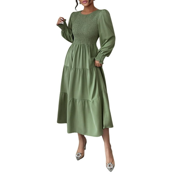 Autumn Women'S Long Sleeve Ruffled Round Neck Layered Flowing Wedding Guest Maxi Dress Army Green XL