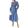 thumbnail image 1 of Autumn Women'S Long Sleeve Ruffled Round Neck Layered Flowing Wedding Guest Maxi Dress Blue S, 1 of 7