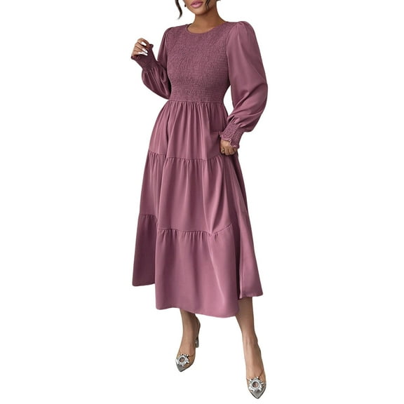Autumn Women'S Long Sleeve Ruffled Round Neck Layered Flowing Wedding Guest Maxi Dress Purple XL