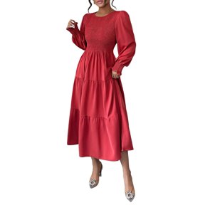 Autumn Women'S Long Sleeve Ruffled Round Neck Layered Flowing Wedding Guest Maxi Dress Rust Red L