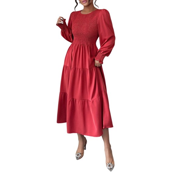Autumn Women'S Long Sleeve Ruffled Round Neck Layered Flowing Wedding Guest Maxi Dress Rust Red XL