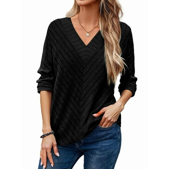 Autumn Women'S Long Sleeve Shirt V Neck Knit Pullover Tunic Top Women'S Shirt Formal Casual Black XXL
