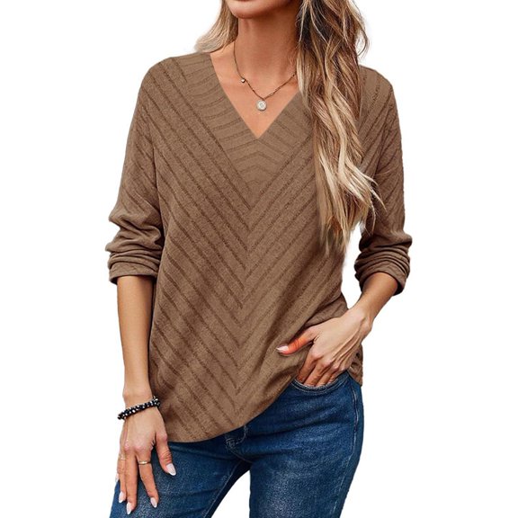 Autumn Women'S Long Sleeve Shirt V Neck Knit Pullover Tunic Top Women'S Shirt Formal Casual Khaki XXL