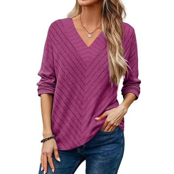 Autumn Women'S Long Sleeve Shirt V Neck Knit Pullover Tunic Top Women'S Shirt Formal Casual Rose Red L