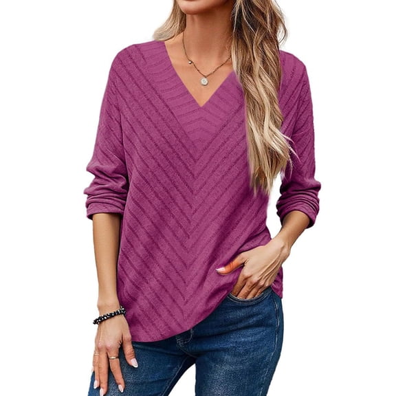 Autumn Women'S Long Sleeve Shirt V Neck Knit Pullover Tunic Top Women'S Shirt Formal Casual Rose Red XXL