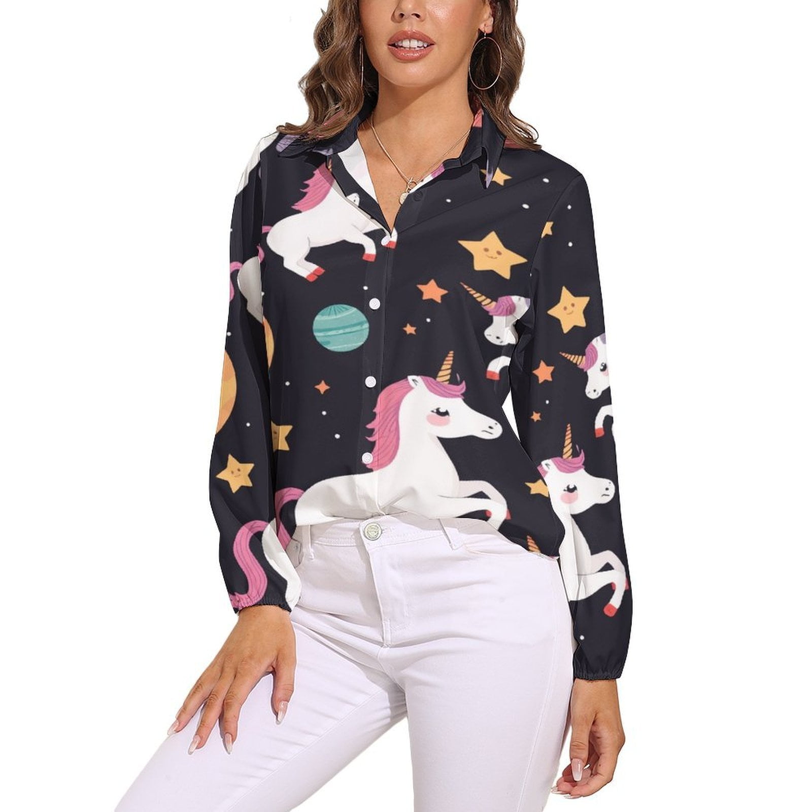 Autumn Women Shirt Tops Space Unicorns Pattern Long Sleeve Women's ...