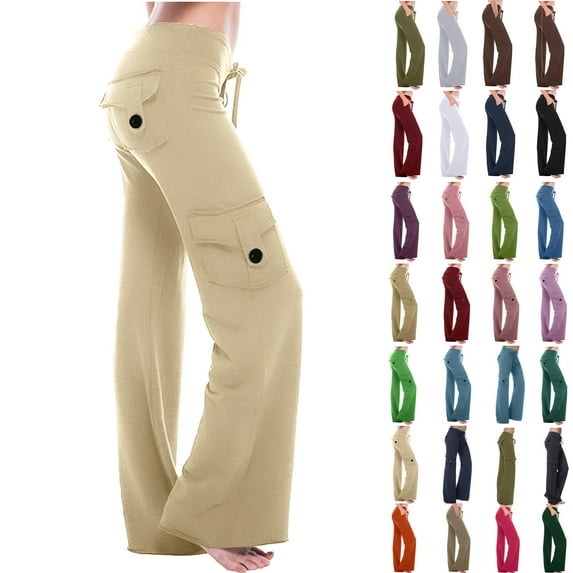 Autumn Women Workout Out Leggings Stretch Waist Button Pocket Yoga Gym Loose Pants Gift for Women Light Beige XL